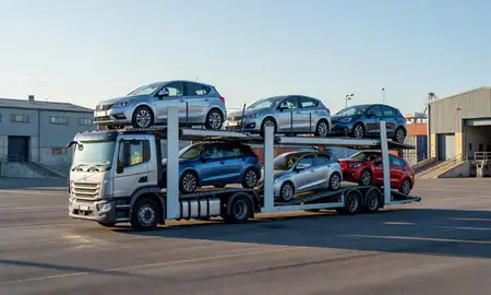 Car transporter loaded with vehicles in Aberdeen, United Kingdom