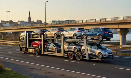 Car transporter with the Aberdeen, United Kingdom skyline behind it