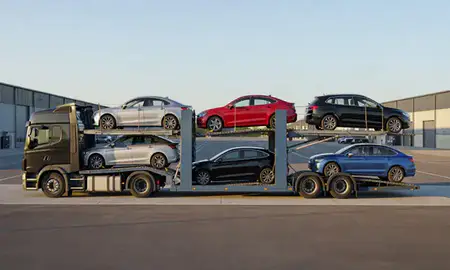 Car transporter parked in an industrial area of Bedfordshire, United Kingdom