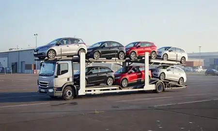 Car transporter loaded with vehicles in Bedfordshire, United Kingdom