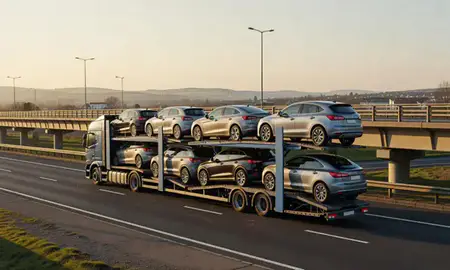 Car transporter with the Bedfordshire, United Kingdom skyline behind it