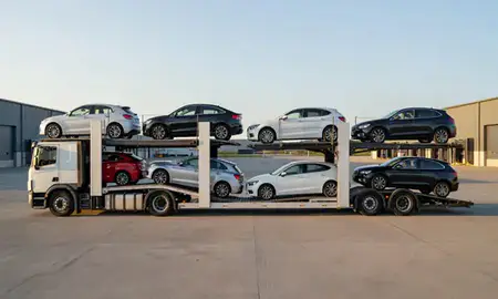 Car transporter parked in an industrial area of Bedford, Bedfordshire, United Kingdom