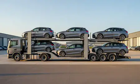 Car transporter parked in an industrial area of Leighton Buzzard, Bedfordshire, United Kingdom