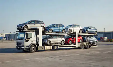 Car transporter loaded with vehicles in Leighton Buzzard, Bedfordshire, United Kingdom
