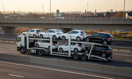 Car transporter with the Leighton Buzzard, Bedfordshire, United Kingdom skyline behind it