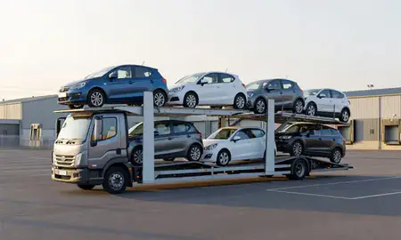 Car transporter loaded with vehicles in Luton, Bedfordshire, United Kingdom