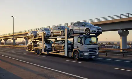 Car transporter with the Luton, Bedfordshire, United Kingdom skyline behind it
