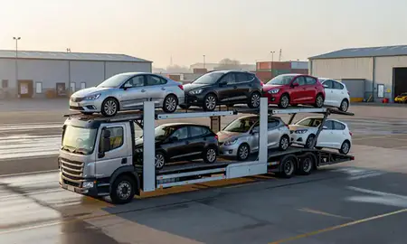 Car transporter loaded with vehicles in Berkshire, United Kingdom