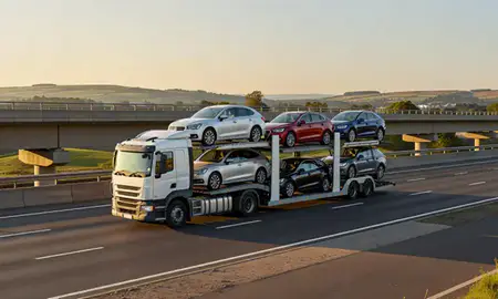 Car transporter with the Berkshire, United Kingdom skyline behind it