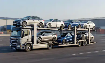 Car transporter loaded with vehicles in Bracknell, Berkshire, United Kingdom