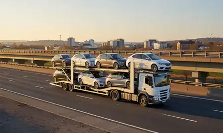 Car transporter with the Bracknell, Berkshire, United Kingdom skyline behind it