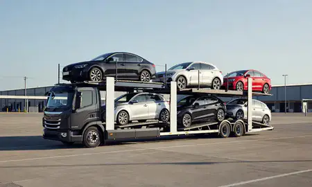 Car transporter loaded with vehicles in Maidenhead, Berkshire, United Kingdom
