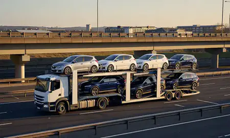 Car transporter with the Maidenhead, Berkshire, United Kingdom skyline behind it