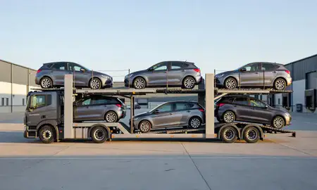 Car transporter parked in an industrial area of Newbury, Berkshire, United Kingdom