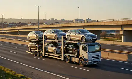 Car transporter with the Newbury, Berkshire, United Kingdom skyline behind it