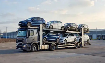 Car transporter loaded with vehicles in Reading, Berkshire, United Kingdom