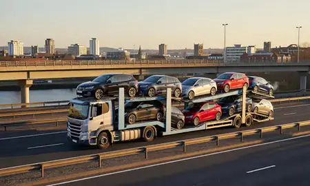Car transporter with the Reading, Berkshire, United Kingdom skyline behind it