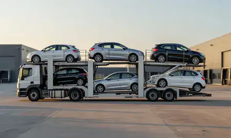 Car transporter parked in an industrial area of Slough, Berkshire, United Kingdom