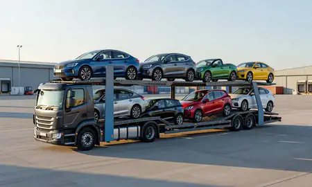 Car transporter loaded with vehicles in Slough, Berkshire, United Kingdom