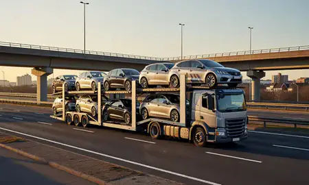 Car transporter with the Slough, Berkshire, United Kingdom skyline behind it