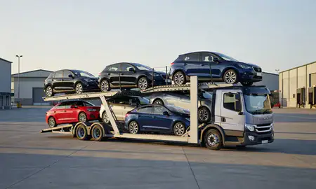 Car transporter loaded with vehicles in Wokingham, Berkshire, United Kingdom