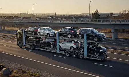Car transporter with the Wokingham, Berkshire, United Kingdom skyline behind it