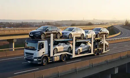 Car transporter with the Woodley, Berkshire, United Kingdom skyline behind it