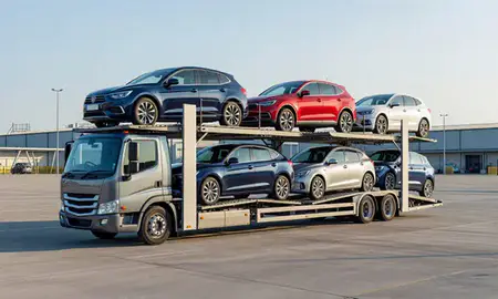 Car transporter loaded with vehicles in Bristol, United Kingdom
