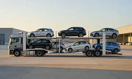 Car transporter parked in an industrial area of Buckinghamshire, United Kingdom