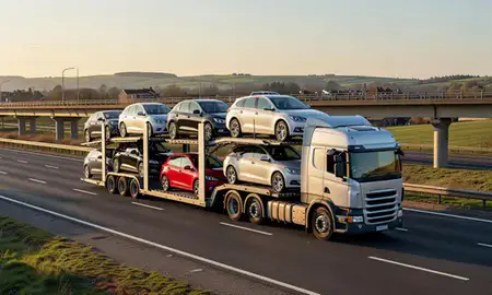 Car transporter with the Buckinghamshire, United Kingdom skyline behind it