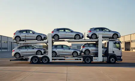 Car transporter parked in an industrial area of Aylesbury, Buckinghamshire, United Kingdom