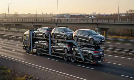 Car transporter with the Aylesbury, Buckinghamshire, United Kingdom skyline behind it