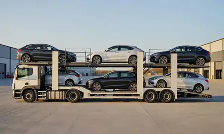 Car transporter parked in an industrial area of Bletchley, Buckinghamshire, United Kingdom