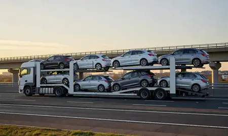 Car transporter with the Bletchley, Buckinghamshire, United Kingdom skyline behind it