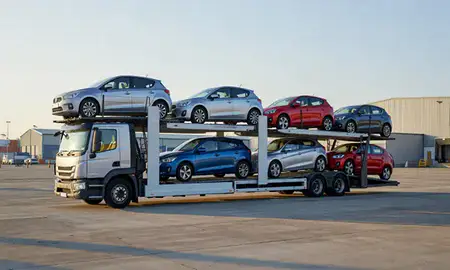 Car transporter loaded with vehicles in High Wycombe, Buckinghamshire, United Kingdom