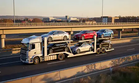 Car transporter with the High Wycombe, Buckinghamshire, United Kingdom skyline behind it