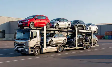 Car transporter loaded with vehicles in Milton Keynes, Buckinghamshire, United Kingdom