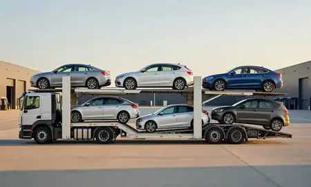 Car transporter parked in an industrial area of Cambridgeshire, United Kingdom