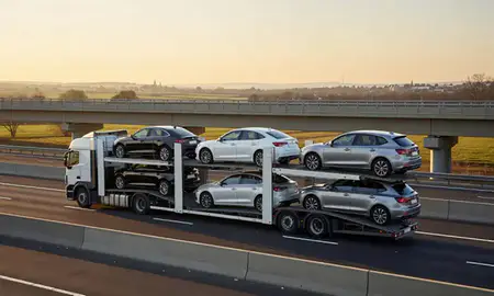 Car transporter with the Cambridgeshire, United Kingdom skyline behind it