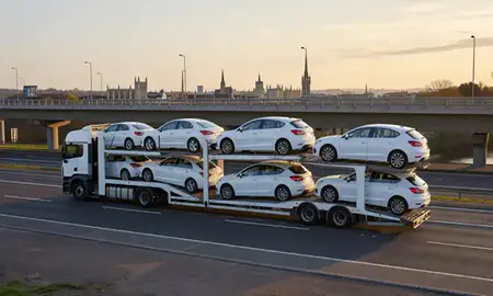 Car transporter with the Cambridge, Cambridgeshire, United Kingdom skyline behind it