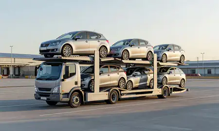 Car transporter loaded with vehicles in Peterborough, Cambridgeshire, United Kingdom