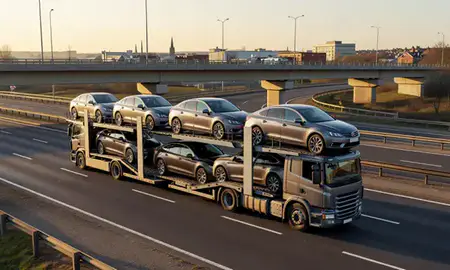 Car transporter with the Peterborough, Cambridgeshire, United Kingdom skyline behind it