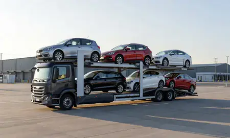 Car transporter loaded with vehicles in Cheshire, United Kingdom