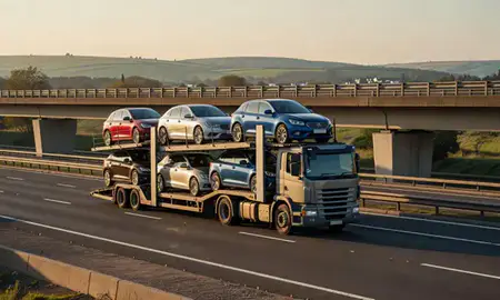 Car transporter with the Cheshire, United Kingdom skyline behind it