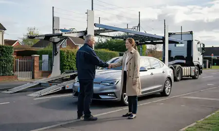Vehicle owner beside their delivered car in Chester, Cheshire, United Kingdom