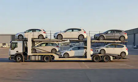 Car transporter parked in an industrial area of Chester, Cheshire, United Kingdom