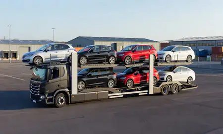 Car transporter loaded with vehicles in Chester, Cheshire, United Kingdom