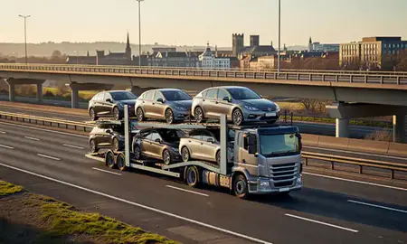 Car transporter with the Chester, Cheshire, United Kingdom skyline behind it