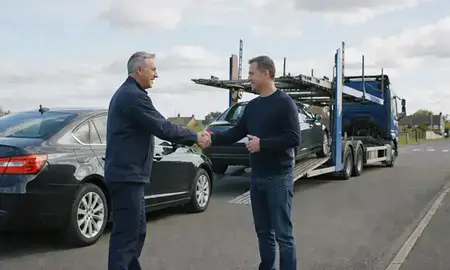 Vehicle owner beside their delivered car in Crewe, Cheshire, United Kingdom