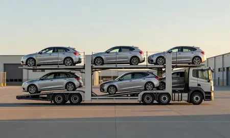 Car transporter parked in an industrial area of Crewe, Cheshire, United Kingdom